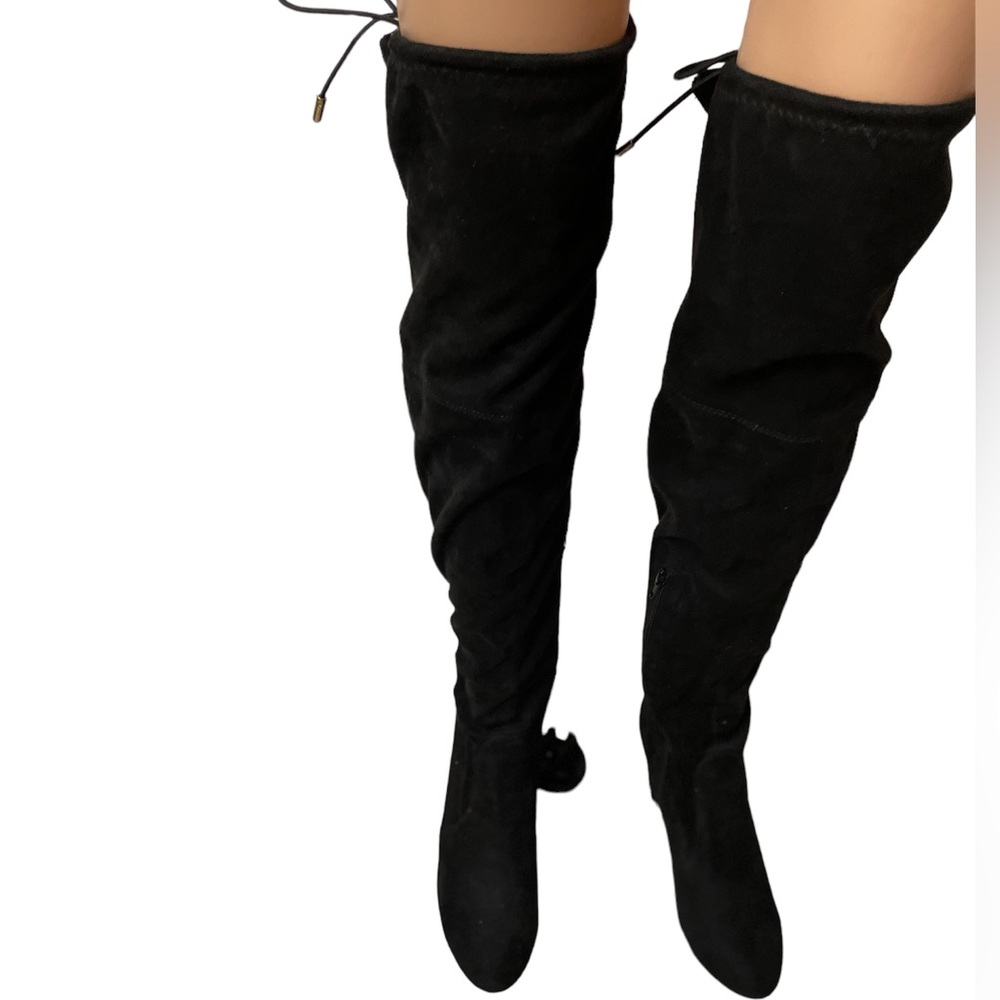 Yoki - Black Suede Over The Knee High Boot with Closed Pointy Toe, Size: 9